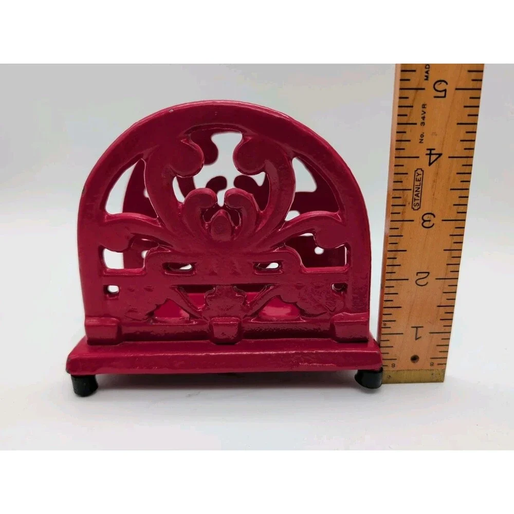 Cast Iron Napkin Holder Red Scroll Design Letter Organizer Farmhouse Heavy Vtg